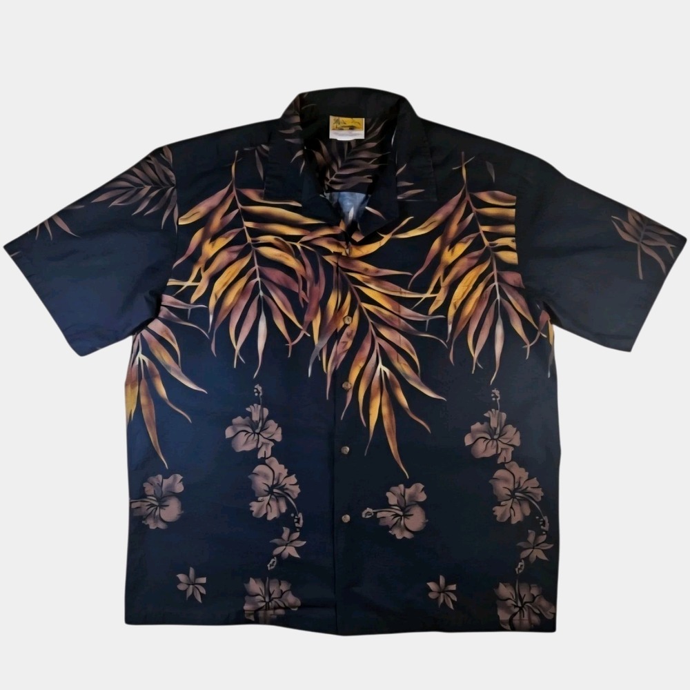 Hawaiian Shirt XL Black Brown Palm Leaves Made In Hawaii Tropical Winnie Fashion